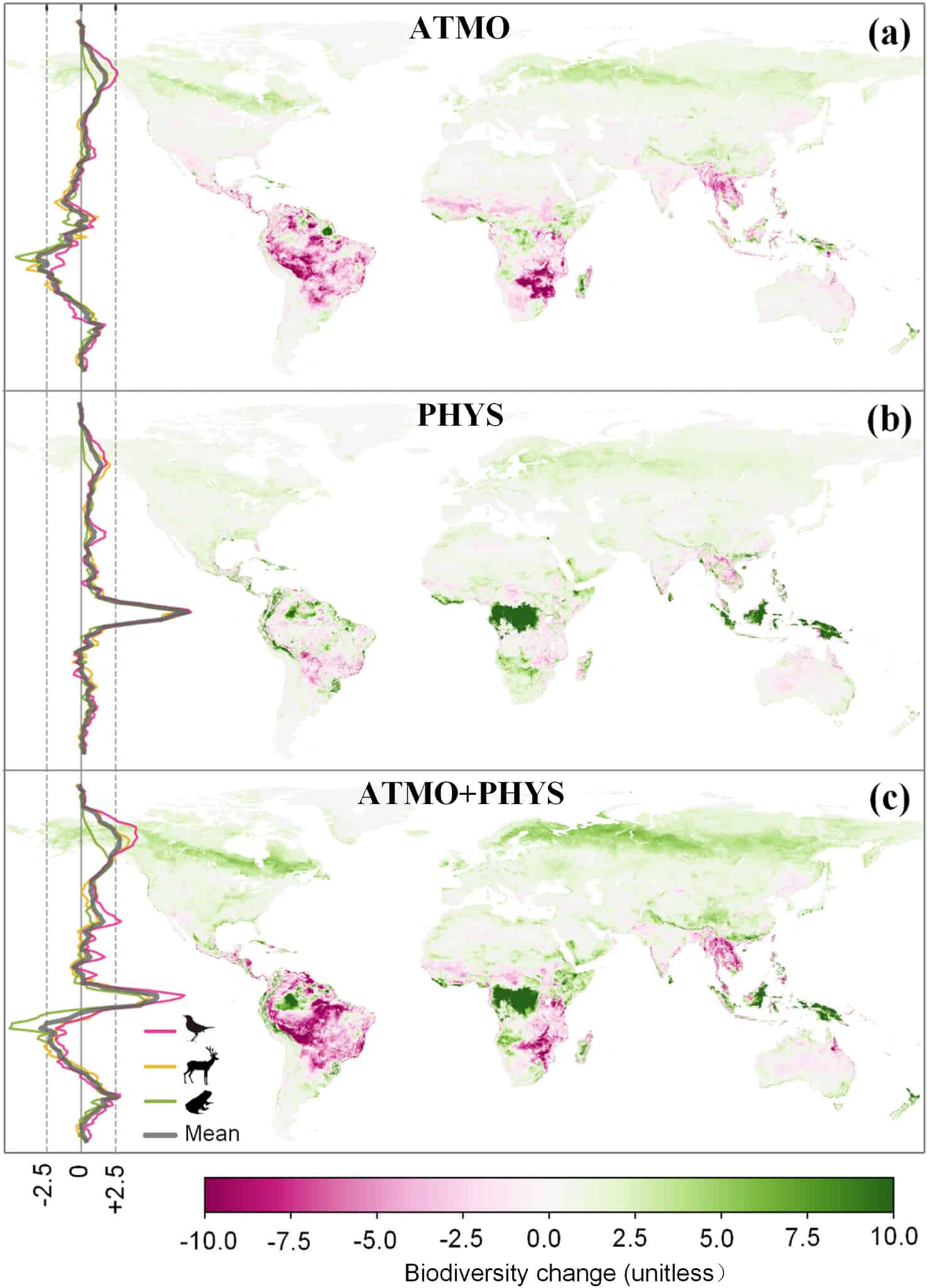 Изменение биоразнообразия наземных позвоночных в ответ на повышение уровня CO2 по различным сценариям. (a) ATMO, рассматривается только радиационный эффект. (b) PHYS, рассматривается только физиологический эффект. (c) ATMO + PHYS, учитывается как радиационный, так и физиологический эффект. На картах показаны средние изменения биоразнообразия наземных позвоночных, а на панелях слева от карт показаны изменения биоразнообразия млекопитающих, амфибий и птиц в разных широтах / © Chuanlian Sun and Xiaoming Feng.