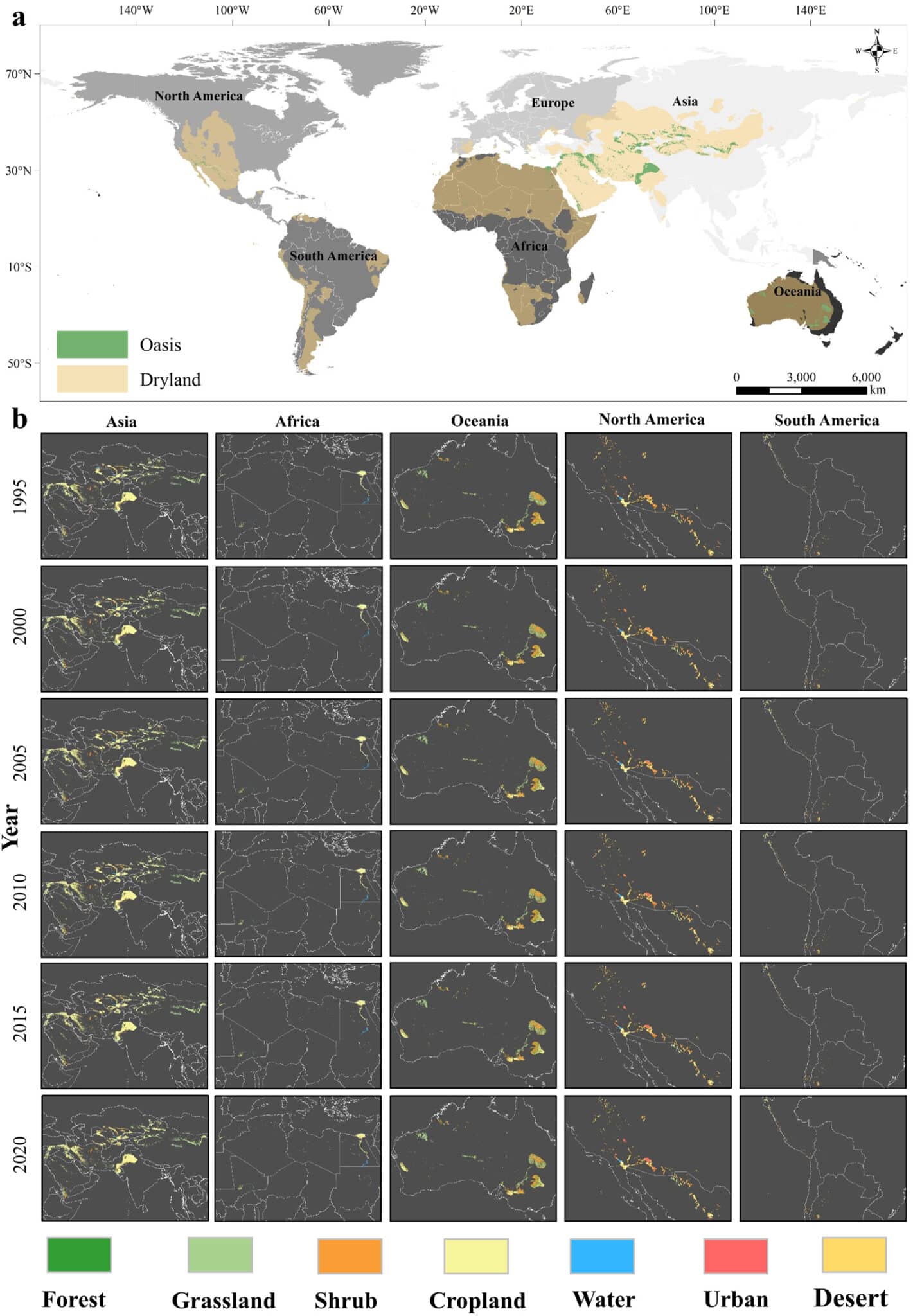 Пространственное распределение глобальных оазисов (а) и карты оазисов на пяти континентах в 1995, 2000, 2005, 2010, 2015 и 2020 годах (б) / © Earth’s Future, Bochao Cui et al.
