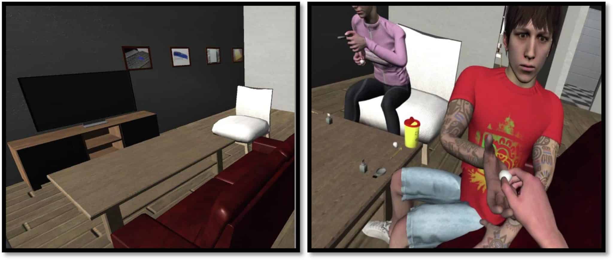 VR-сценарии, использованные в эксперименте: слева нейтральный, справа — пробуждающий жажду кокаина / © Addictive Behaviors Reports, Thomas Lehoux et al.