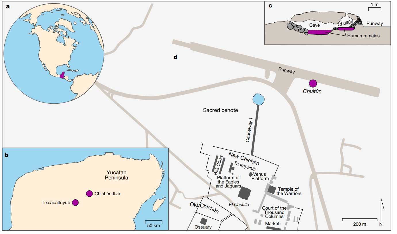 Чичен-Ица на карте мира и Юкатана, а также схема северного церемониального центра с указанием расположения Священного сенота и чултуна / © Rodrigo Barquera et al., Nature 