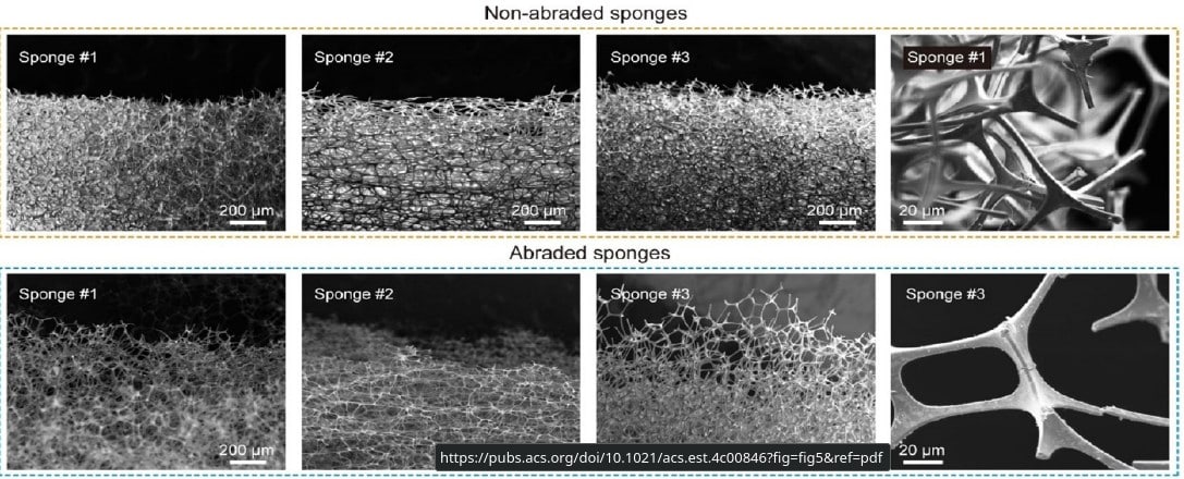 Микрофотографии меламиновых губок до и после истирания, сделанные с помощью сканирующего электронного микроскопа / © Environmental Science & Technology, 2024, Yu Su, Chenqi Yang et al.