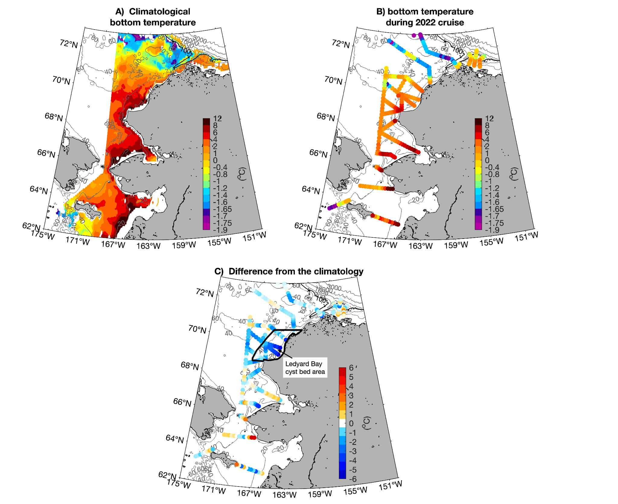 A) Климатологическая летняя температура дна по историческим данным (1970 – 2020 гг.). B) Придонные температуры, измеренные во время рейса 2022 года. C) Разница между 2022 годом и климатологией. Область дна залива Ледьярд выделена черным цветом / © Limnology and Oceanography Letters, Evangeline Fachon et al.