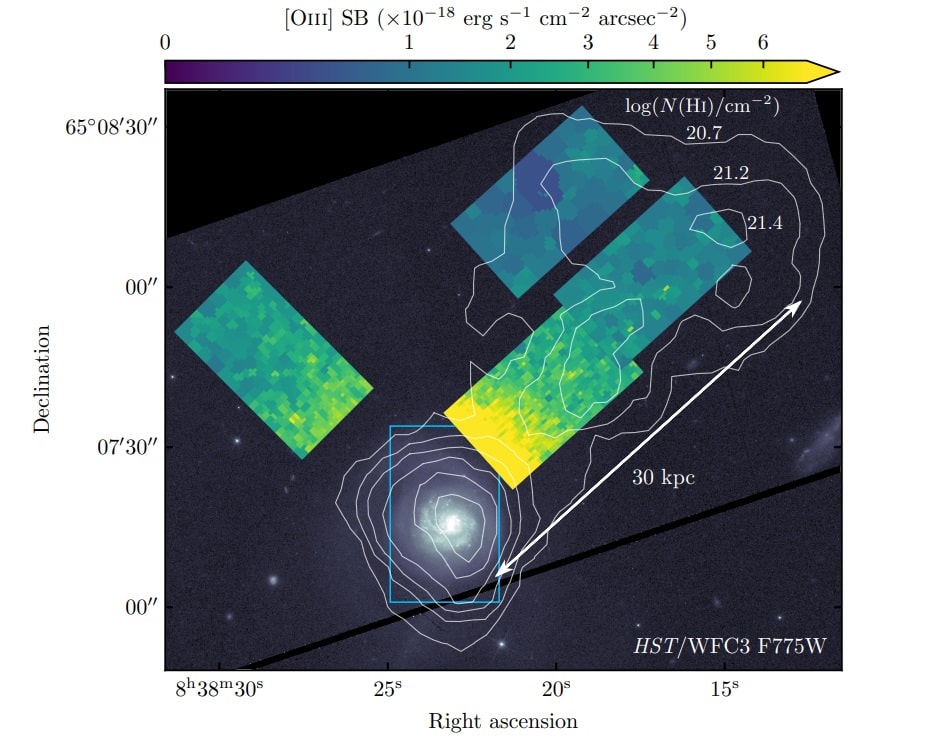 Пространственное распределение ионизированного газа в окологалактической среде. Голубая рамка — поле зрения спектрографа, белые линии — контуры области H I, наполненной атомарным водородом / © Nikole M. Nielsen et al., 2024