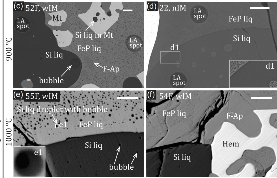 Изображения (фрагмент) минеральных фаз и текстур расплавов в эксперименте, полученные обратным рассеянием. Силикатные расплавы включают в себя микронные железные капли при самых высоких температурах и давлении (0,8 гигапаскаля, 1150 градусов Цельсия), фосфаты железа содержат или смешиваются с минералами и силикатными каплями. Расплав FeP кристаллизуется между 900 и 800 градусами. Шкала — 20 микрон / © S.C. Yan et al, 2024