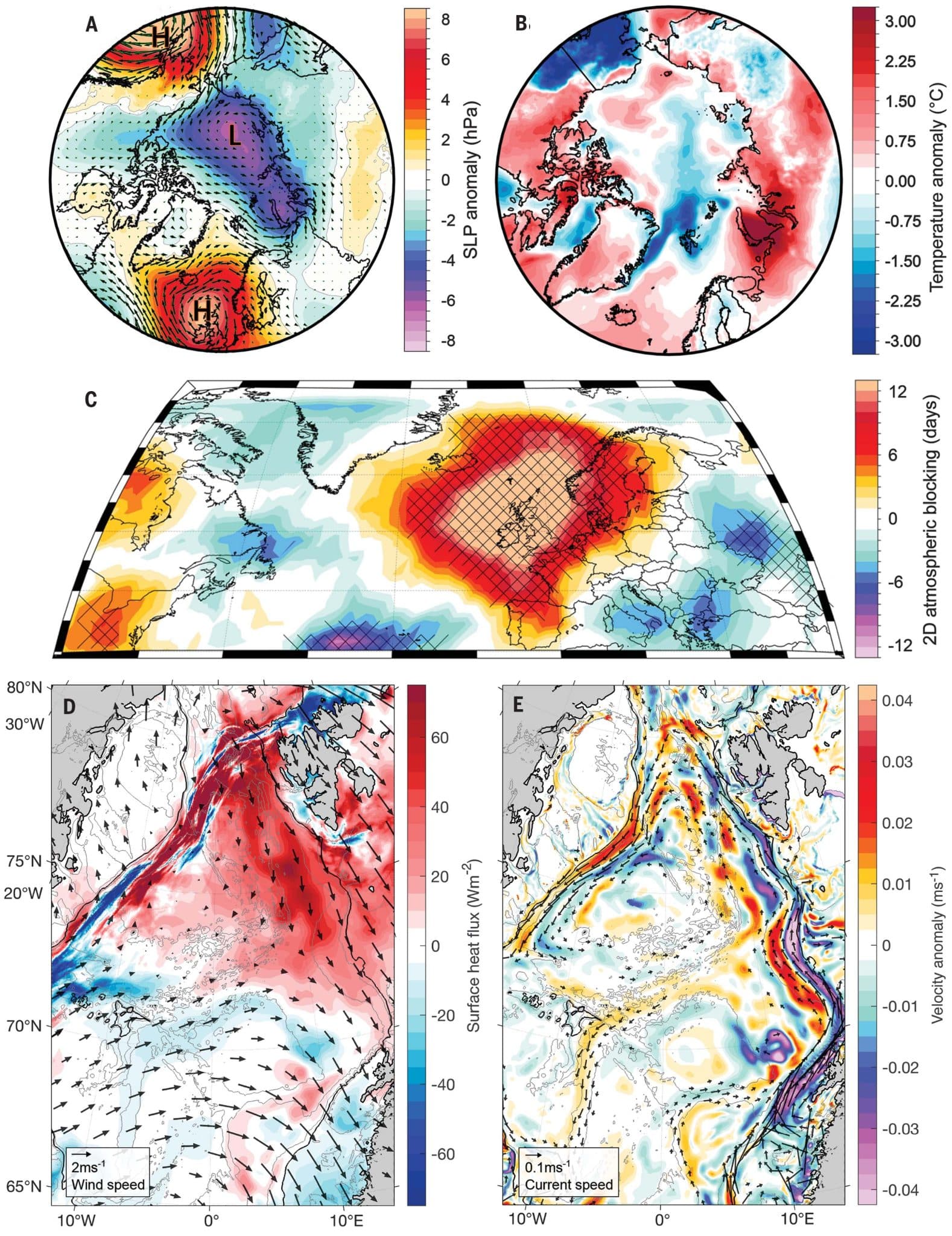 Атмосферная циркуляция и океанические аномалии, которые могут объяснить режим охлаждения атлантических вод в 2017-2020 годах. Композитные карты аномального (A) давления на уровне моря и аномального поля поверхностного ветра (стрелки) на высоте 10 метров, (B) приземной температуры воздуха на высоте 2 метра и (C) двумерного атмосферного блокирования, полученные на основе данных атмосферного реанализа. (D) Аномалии теплового потока воздух-море (цвет) и аномальное поле ветра на высоте 10 метров (стрелки). (E) Аномалии скорости атлантических вод (цвет) и средний характер циркуляции в оба периода (стрелки) / © Science, Rebecca Adam McPherson et al.